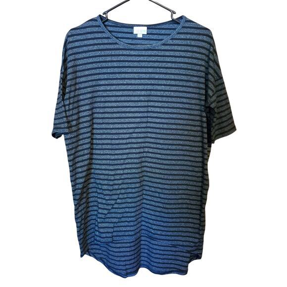 LuLaRoe‎ Irma Tunic Top Womens Sz XXS Blue Gray Stripe High Low Shirt Tee - Picture 1 of 5